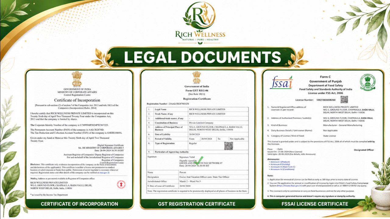Rich Wellness Certificate of Incorporation, GST Registration Certificate and FSSAI License Certificate